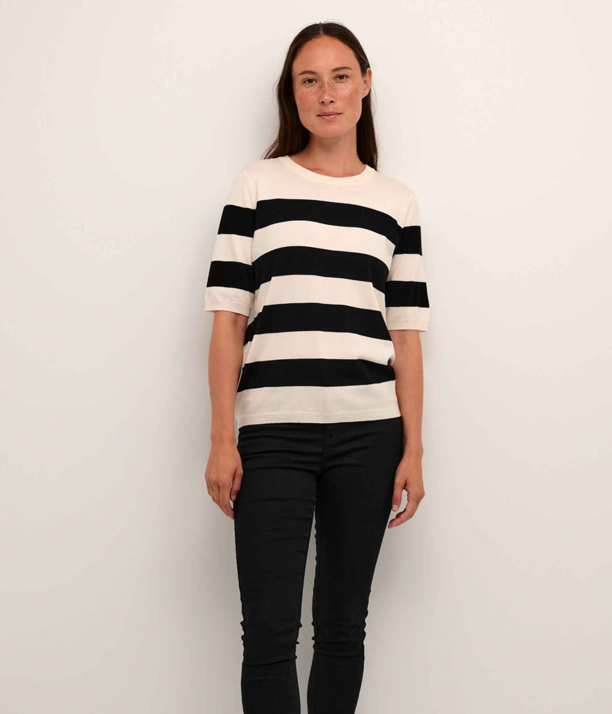COFFEE LIZZA STRIPED KNIT BLOUSE IN BLACK AND LIME WHITE