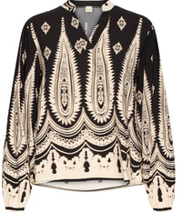 FRANSA BLUSE I SORT OG LYS SAND