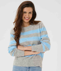 KAFFE STRIBET PULLOVER I MELANGE GRÅ OG LYSEBLÅ