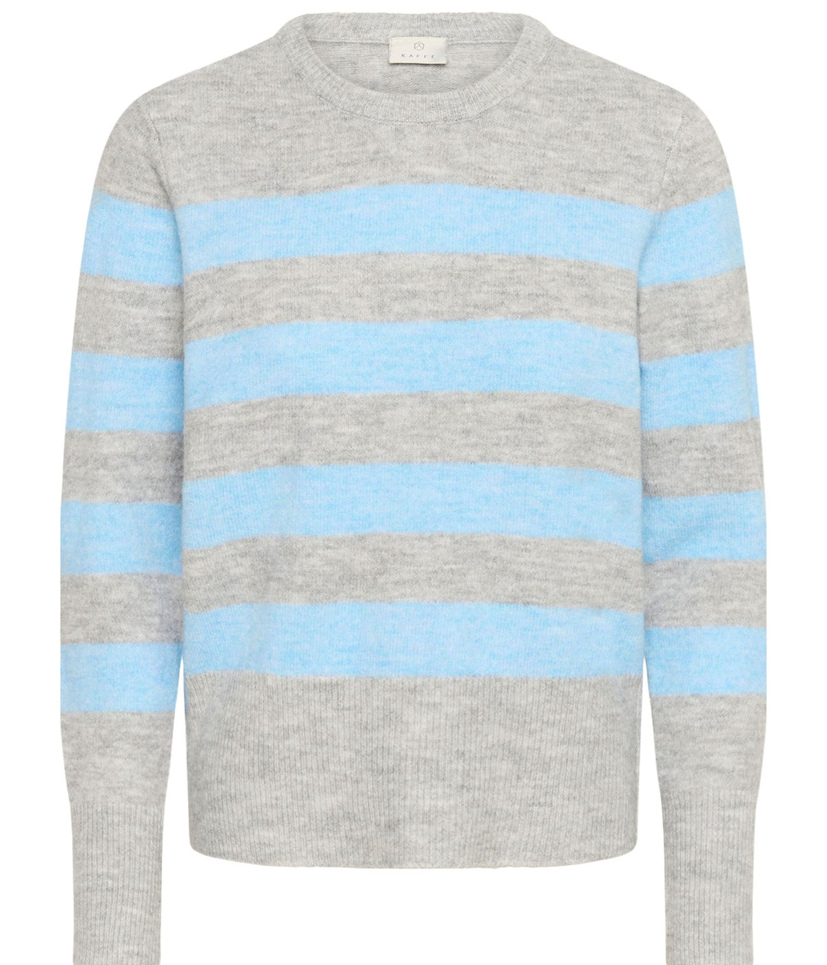 KAFFE STRIBET PULLOVER I MELANGE GRÅ OG LYSEBLÅ
