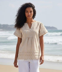 OFELIA MAGDA STRIBET BLUSE I SAND OG HVID
