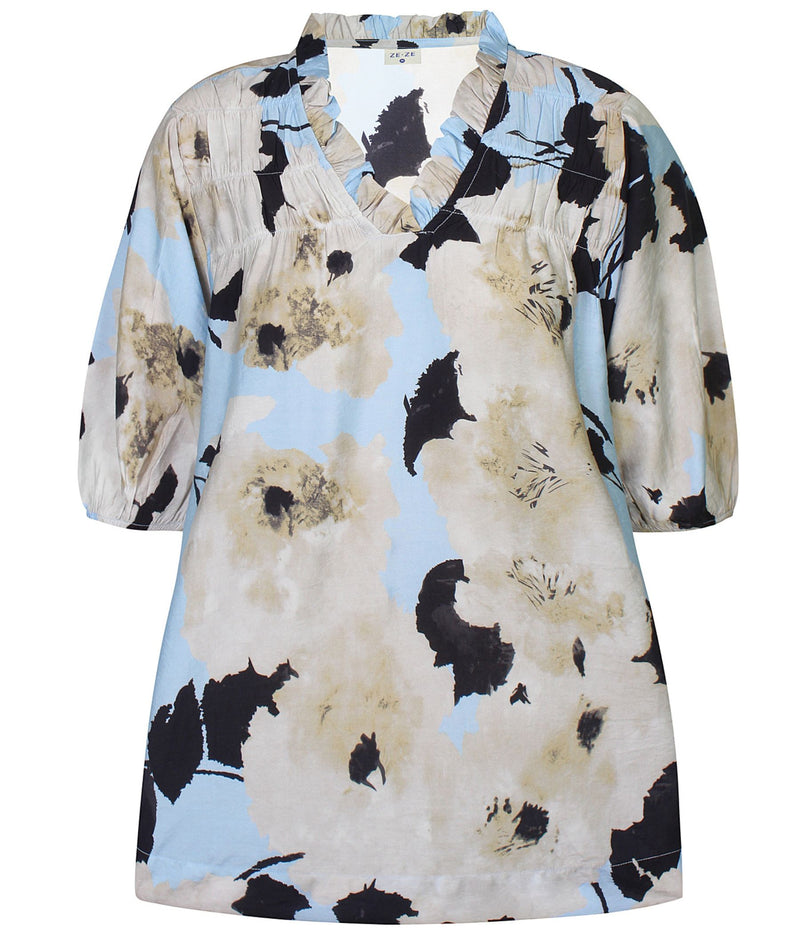 ZE-ZE DUNJA BLUSE I SAND OG LYSEBLÅ