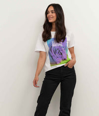 KAFFE SILLA T-SHIRT I HVID MED LILLA PRINT